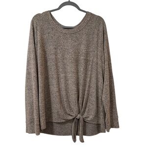 Nine Britton 1X tie front cozy knit top Heather taupe brown neutral minimalist